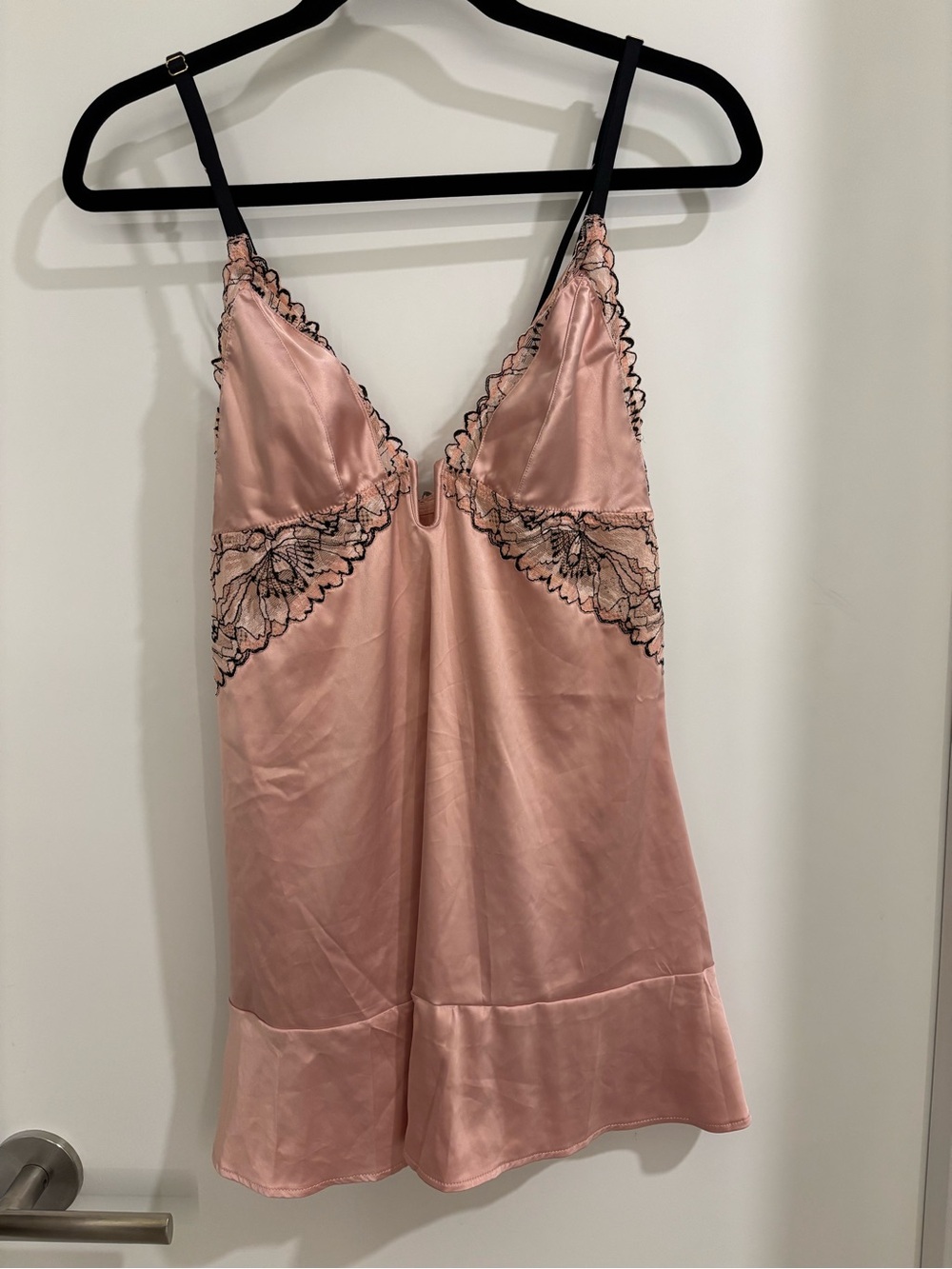 Auden Blush Pink Satin Chemise Slip Dress with Black Lace Trim